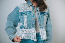 Load image into Gallery viewer, POL Woven Denim Jacket with Lace Beaded Sequin Appliques in Denim
