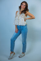 Listicle Ruffle Floral Print Tiered Top in Ivory Multi