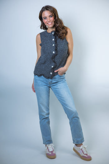 LovLov Beneath The Trail Of Soft Ruffles Bloom Knit Top in Grey