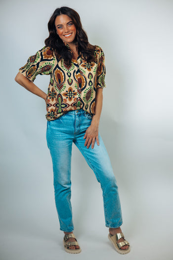 Jodifl Smocking Detail Boho Print Blouse in Taupe/Rust