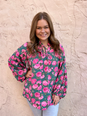 Jodifl Floral Print Peasant Top in Green Mix