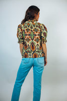 Jodifl Smocking Detail Boho Print Blouse in Taupe/Rust