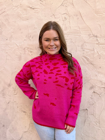 Jodifl Abstract Print Mock Neck Sweater in Hot Pink/Red