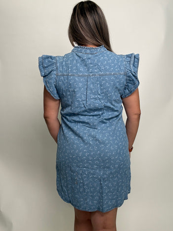 ee:some Bleach Washed Denim Mini Dress with Floral Print in Floral Denim
