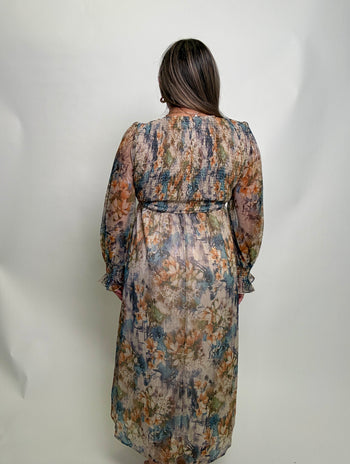 Sew in Love Smocked Metallic Floral Maxi Dress in Navy/Gold