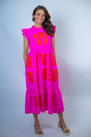 Jodifl Floral Applique Midi Dress in Hot Pink