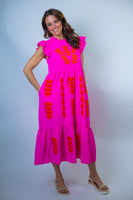 Jodifl Floral Applique Midi Dress in Hot Pink
