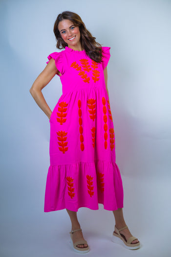 Jodifl Floral Applique Midi Dress in Hot Pink