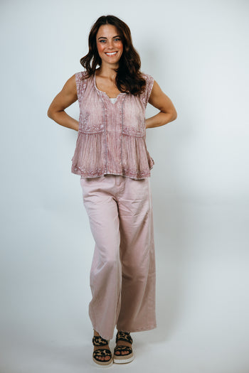 J.nna Solid Color Washed Barrel Leg Pants in Pale Pink