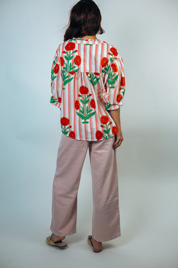 BiBi Stripe and Bold Floral Print Top in Red/Pink