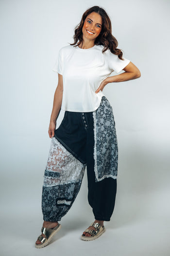 POL Denim and Print Crochet Ruffle Detailed Joggers in Black