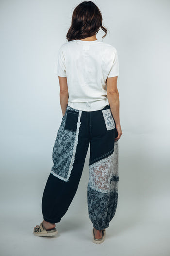 POL Denim and Print Crochet Ruffle Detailed Joggers in Black