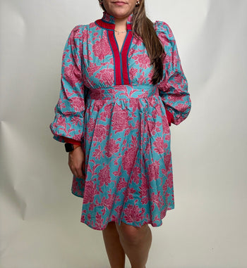 Jodifl Ruffled Neck Floral Dress in Blue
