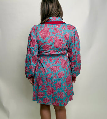 Jodifl Ruffled Neck Floral Dress in Blue