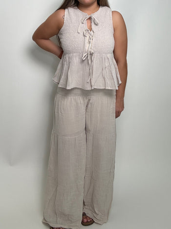 Klesis Solid Color Gauze Top and Pants Set in Natural