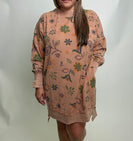 Easel Mineral Washed Floral Print Terry Knit Dress in Chocolate