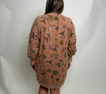 Easel Mineral Washed Floral Print Terry Knit Dress in Chocolate