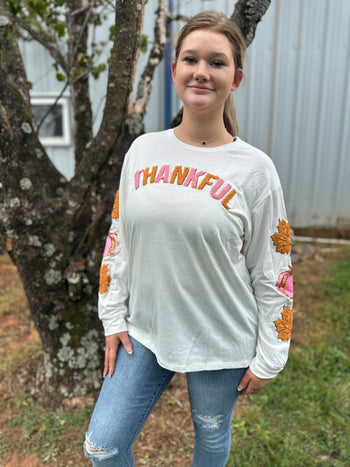 Grace+Emma THANKFUL" Chenille Patched Top with Pumpkin and Leaves on Sleeves in Beige