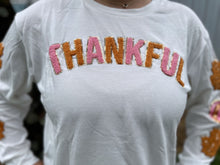 Load image into Gallery viewer, Grace+Emma THANKFUL&quot; Chenille Patched Top with Pumpkin and Leaves on Sleeves in Beige
