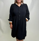 Jodifl Solid Color Mini Dress with Contrasting Color Striped Trim in Black