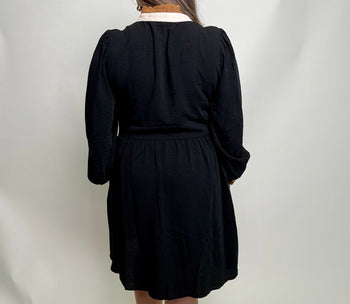 Jodifl Solid Color Mini Dress with Contrasting Color Striped Trim in Black
