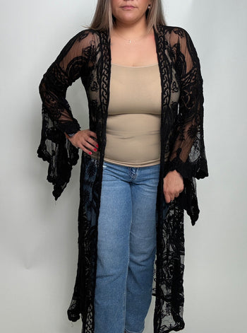 POL Long Sheer Embroidered Crochet Cardigan in Black