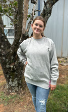 Load image into Gallery viewer, Embroidered Side Hem Retro Pink Coquette Bow Sweatshirt in Dark Heather
