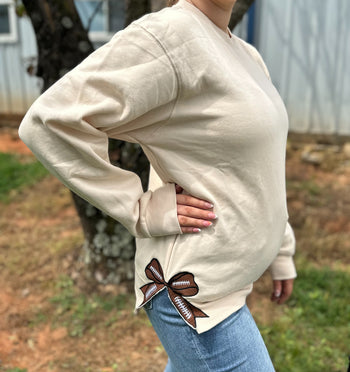 Embroidered Side Hem Football Coquette Bow Sweatshirt in Sand