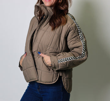 Mystree Quilted Puffer Jacket with Jacquard Tape Details in Mud