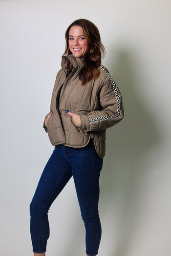 Mystree Quilted Puffer Jacket with Jacquard Tape Details in Mud