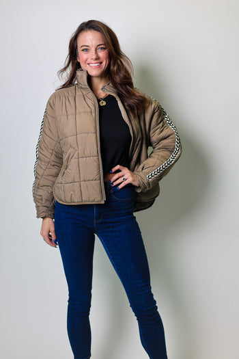 Mystree Quilted Puffer Jacket with Jacquard Tape Details in Mud