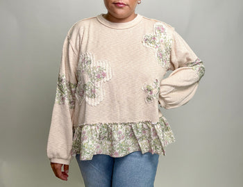 POL OVERSIZED Ribbed Knit Top with Contrasting Flower Patches in Powder Almond