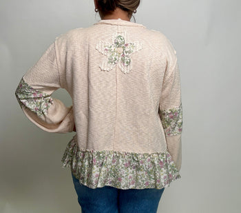 POL OVERSIZED Ribbed Knit Top with Contrasting Flower Patches in Powder Almond