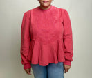 FATE Floral Embroidered Detail French Terry Peplum Sweatshirt in Coral