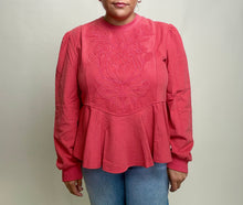 Load image into Gallery viewer, FATE Floral Embroidered Detail French Terry Peplum Sweatshirt in Coral
