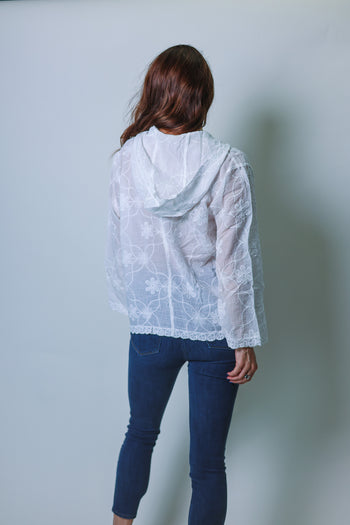 POL Boho Embroidered Linen Hoodie Top in Off White
