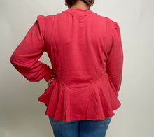Load image into Gallery viewer, FATE Floral Embroidered Detail French Terry Peplum Sweatshirt in Coral
