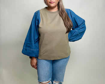 Jodifl Terry Knit Top with Contrasting Denim Sleeves in Sage