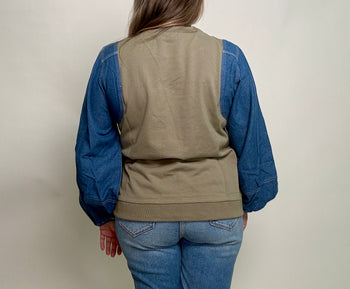 Jodifl Terry Knit Top with Contrasting Denim Sleeves in Sage