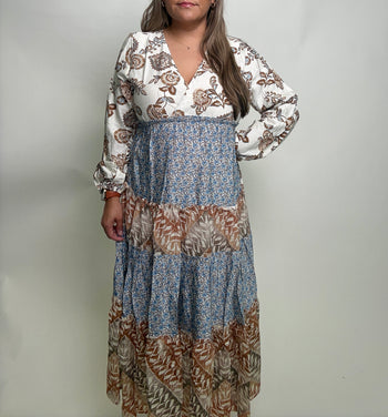 Jodifl Mix N Match Print Tiered Midi Dress in Caramel Mix