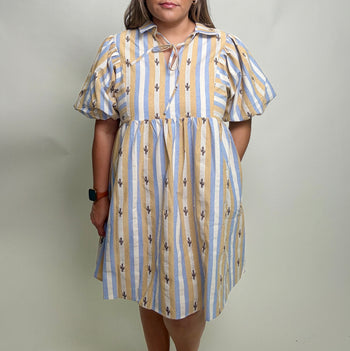 Jodifl Cactus and Striped Baby Doll Dress in Taupe/Blue