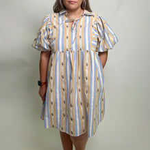 Load image into Gallery viewer, Jodifl Cactus and Striped Baby Doll Dress in Taupe/Blue

