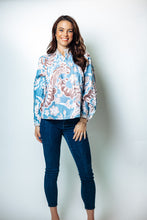 Load image into Gallery viewer, Jodifl Pintuck Detail Ruffled Neck Floral Top in Denim
