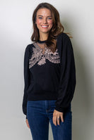 FATE Embroidered Sheer Mesh Panel Yoke Sweater in Black