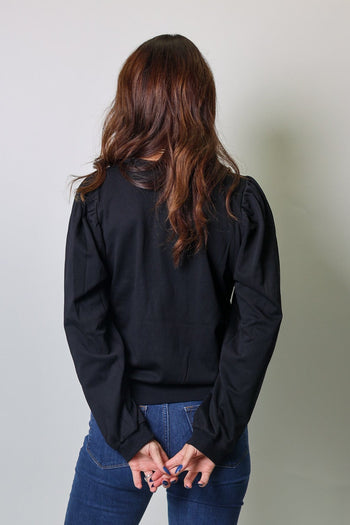 FATE Embroidered Sheer Mesh Panel Yoke Sweater in Black