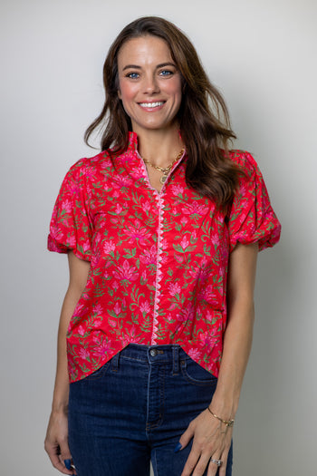 TCEC Floral Print Top with Stitching Detailed Front in Red
