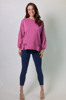 Easel Bow Tape Hem Washed Terry Knit Pullover Top in Mulberry
