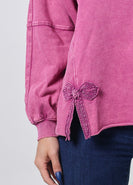 Easel Bow Tape Hem Washed Terry Knit Pullover Top in Mulberry