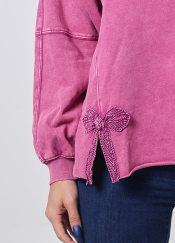 Easel Bow Tape Hem Washed Terry Knit Pullover Top in Mulberry