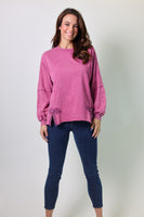 Easel Bow Tape Hem Washed Terry Knit Pullover Top in Mulberry